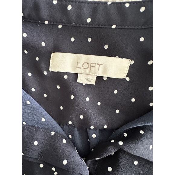 Loft Long Sleeve Collarless Button Down Blouse Navy Blue White Polka Dot Large - Picture 5 of 6